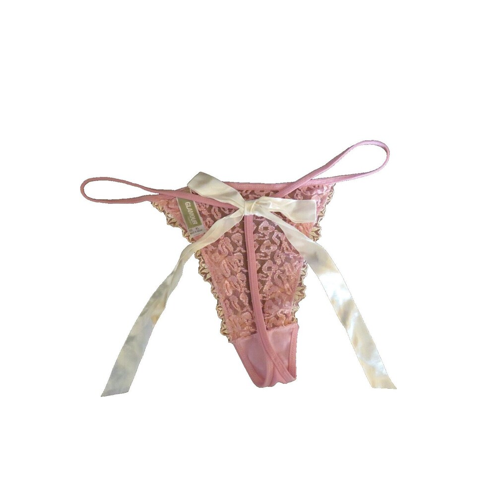 Vintage Glamour Pink Mesh Embroidered Thong Panties Satin Back Bow Size XL - Picture 8 of 14